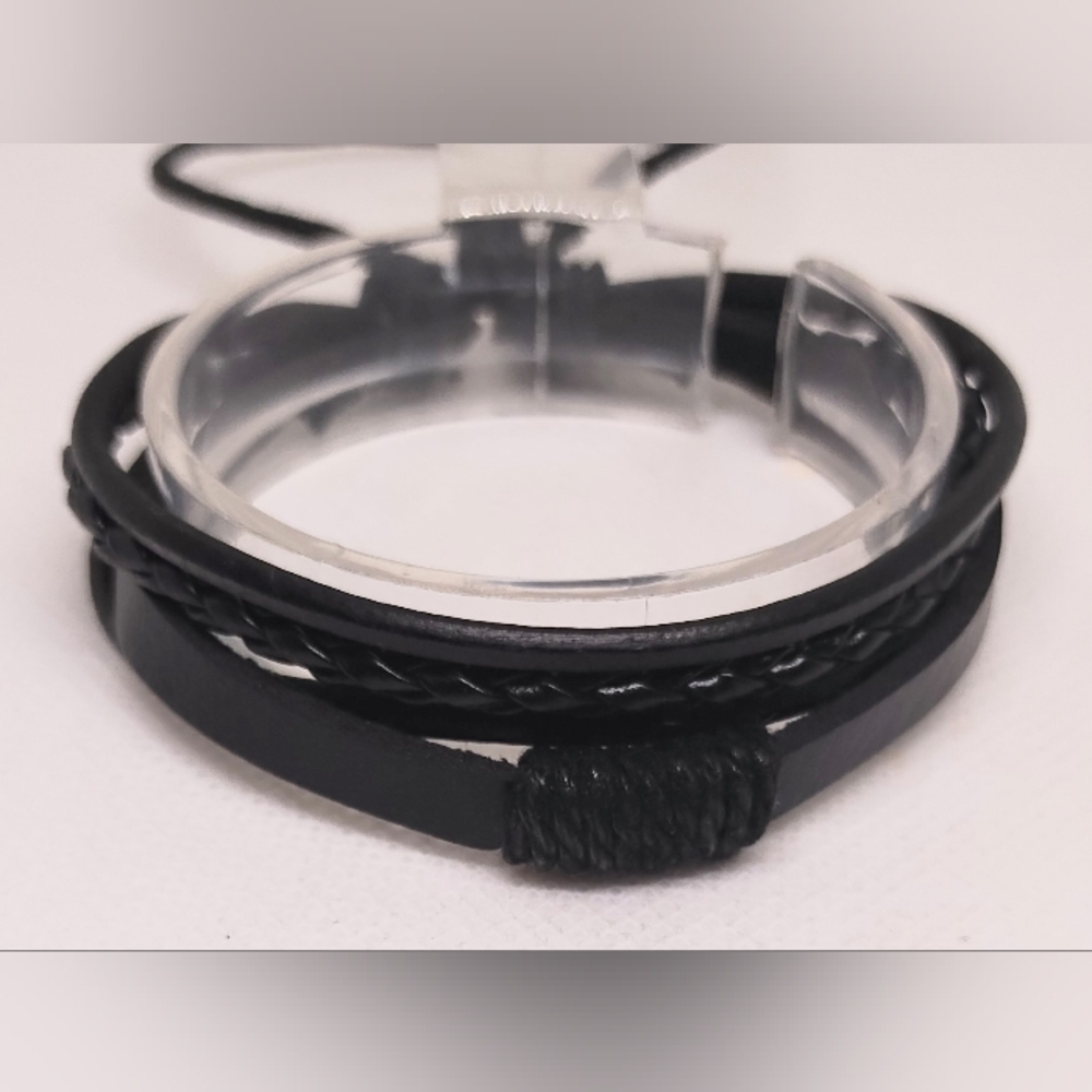 Men's Bracelet Leather‎ Braided Layered Black New f33